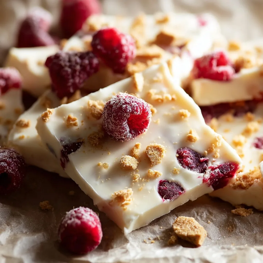 High Protein Greek Yogurt Bark (The Ultimate Guide + Recipe & Variations) 10 Broken pieces of Greek yogurt bark with frozen raspberries and graham cracker chunks