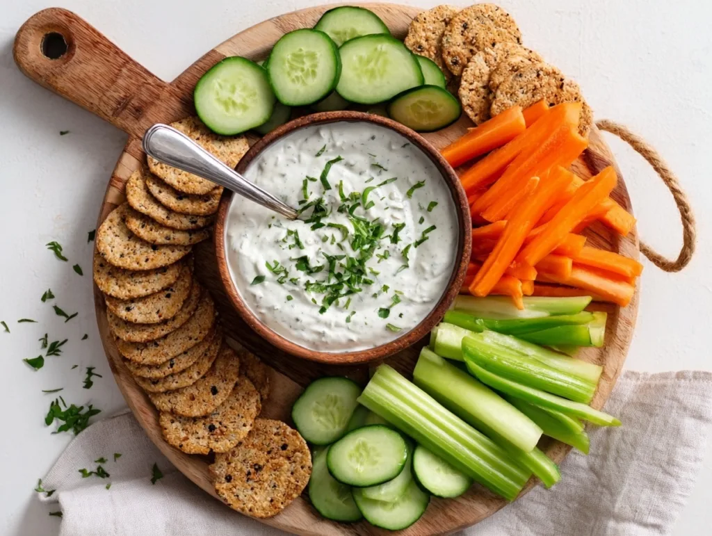 2-Ingredient Cottage Cheese Ranch Dip (High Protein) 7 Cottage cheese ranch dip in a bowl with vegetables and crackers