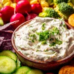 Cottage cheese ranch dip with parsley surrounded by vegetables and snacks