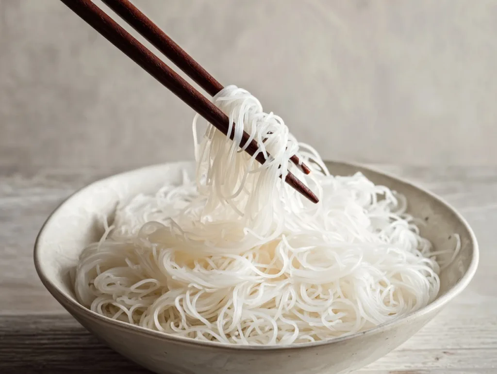How to Cook Vermicelli Noodles for Rice Paper Rolls 6 Freshly cooked rice vermicelli noodles in bowl with chopsticks