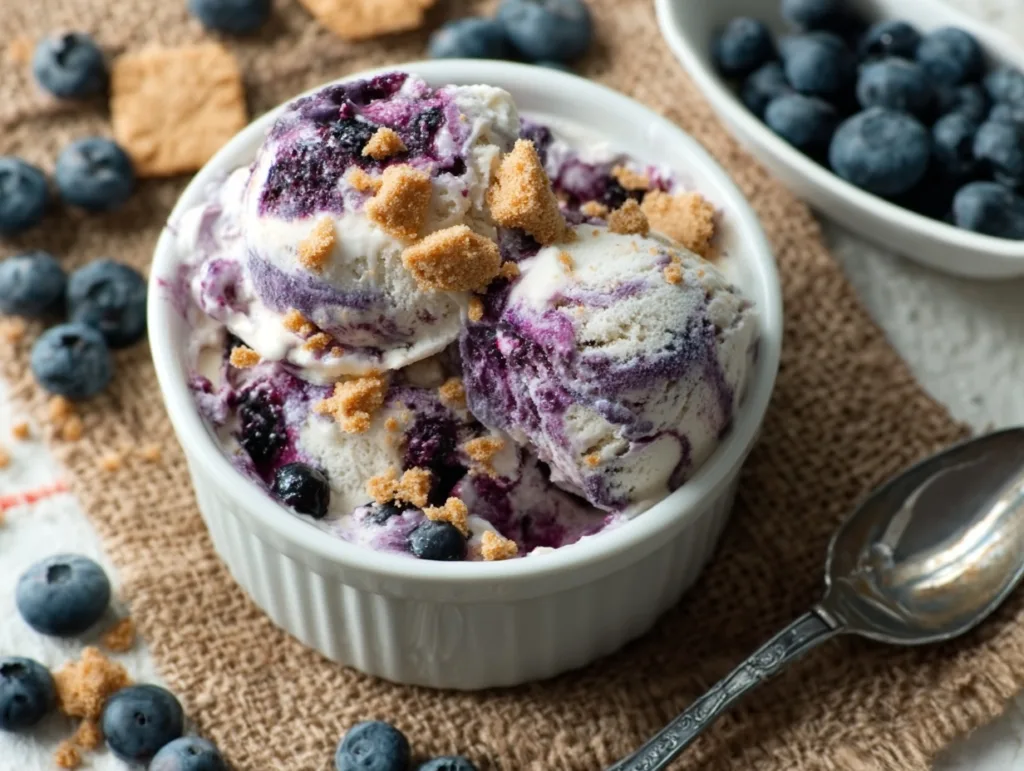 Cottage Cheese Ice Cream: High-Protein No-Churn Recipe That’s Irresistibly Creamy 7 Blueberry swirl cottage cheese ice cream in a ramekin with cookie pieces