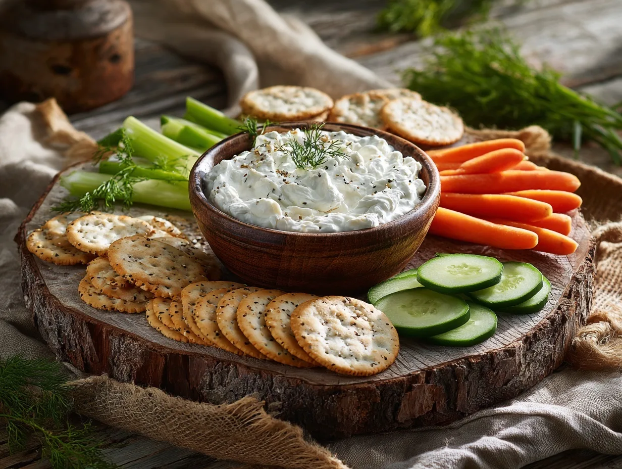 Cottage cheese ranch dip with dill served with crackers and vegetables