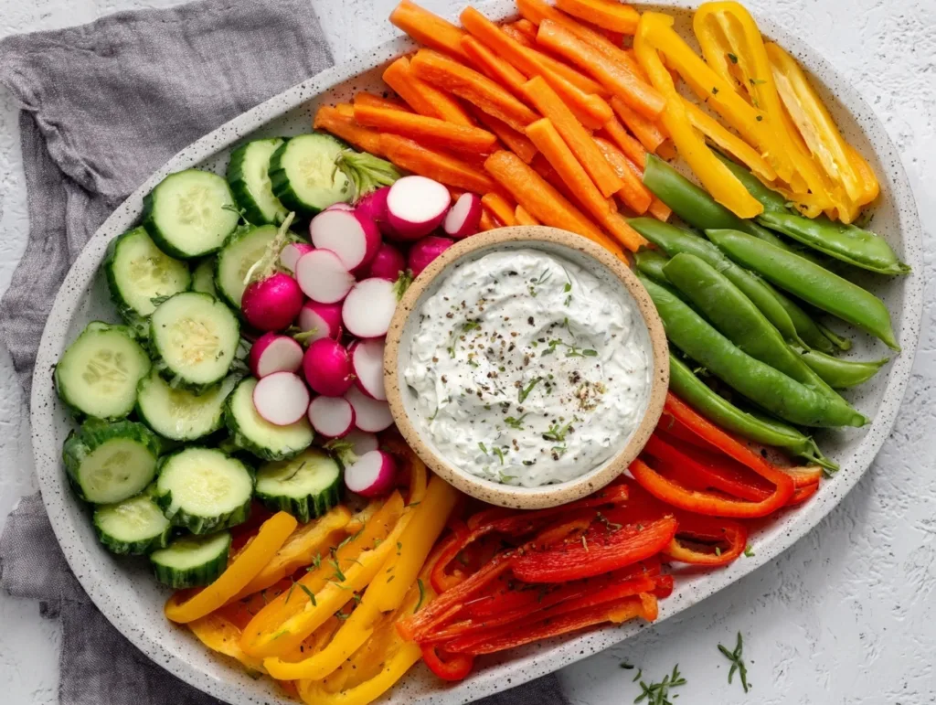 2-Ingredient Cottage Cheese Ranch Dip (High Protein) 10 Cottage cheese ranch dip platter with fresh colorful vegetables