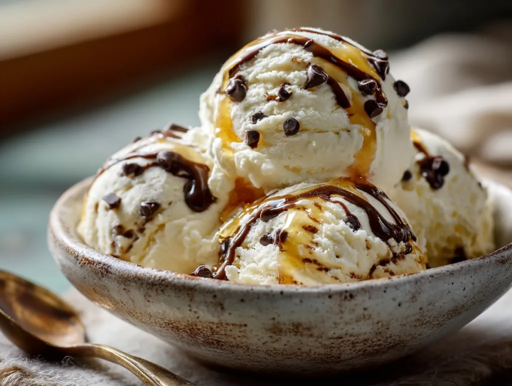 Cottage Cheese Ice Cream: High-Protein No-Churn Recipe That’s Irresistibly Creamy 5 Vanilla cottage cheese ice cream with honey and chocolate drizzle in a rustic bowl