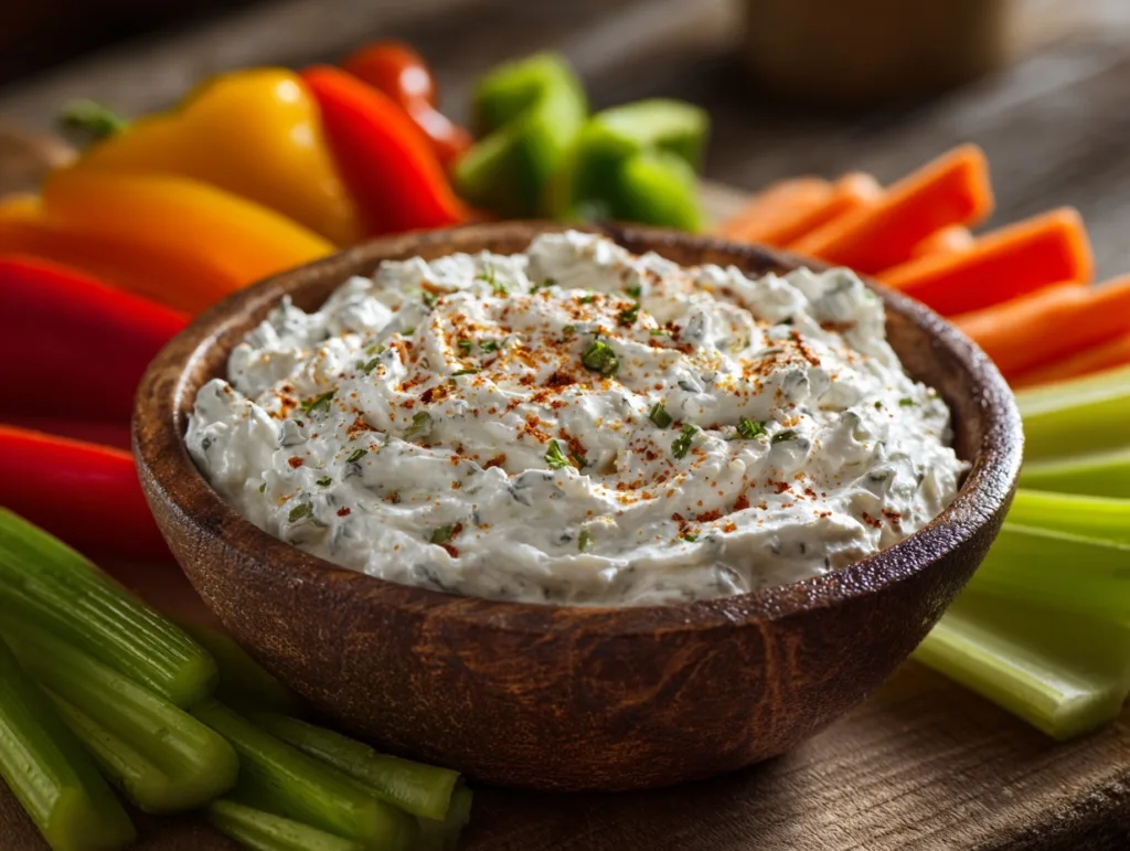 2-Ingredient Cottage Cheese Ranch Dip (High Protein) 9 Hand dipping cucumber into cottage cheese ranch dip with fresh vegetables