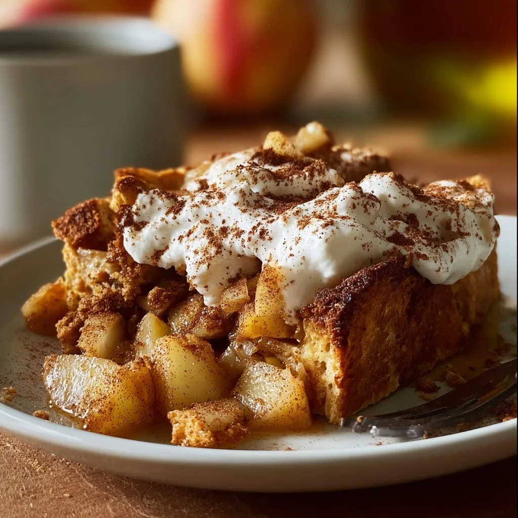 High Protein Apple Pie French Toast Bake – Cozy & Macro Friendly 7 Apple french toast bake topped with Greek yogurt and cinnamon