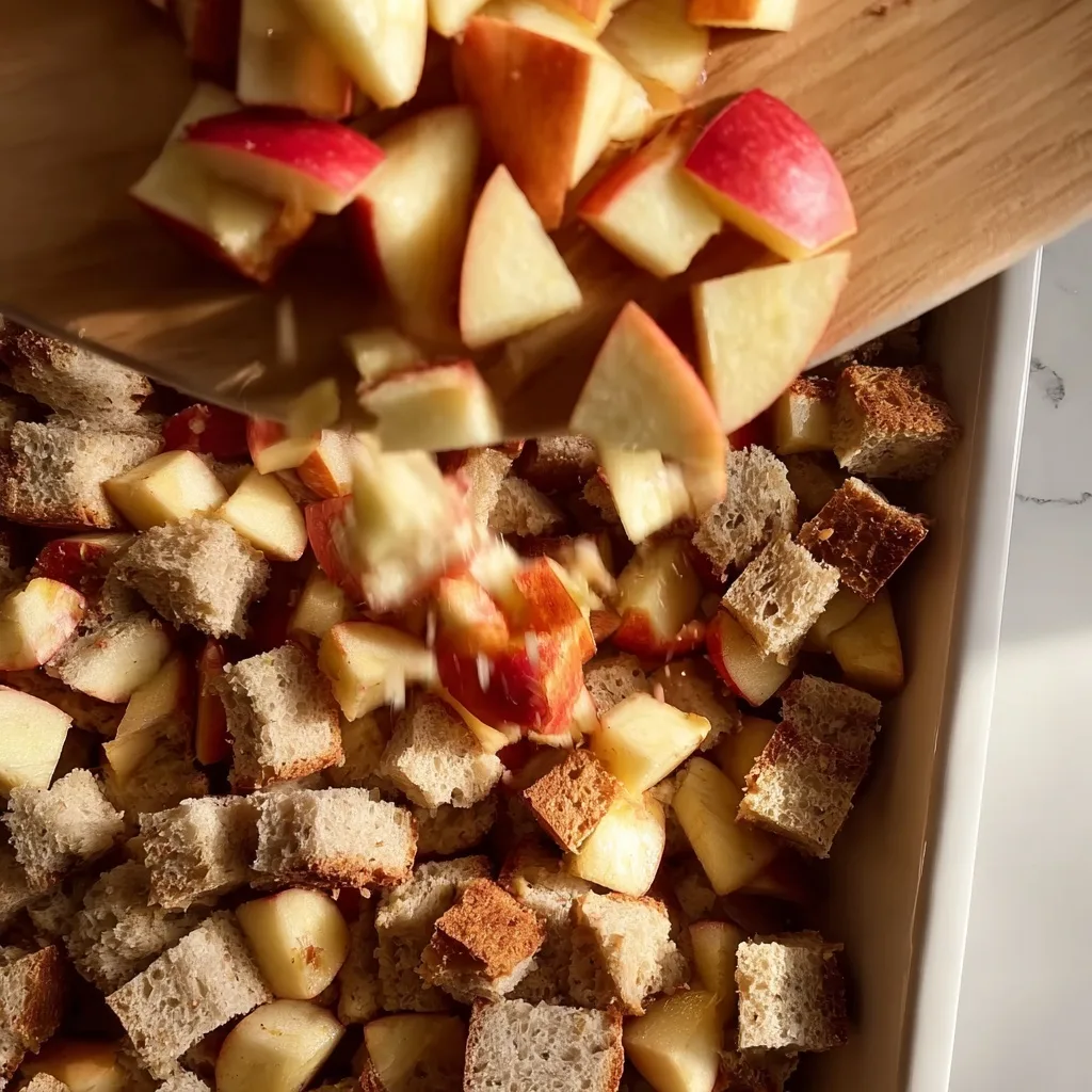 High Protein Apple Pie French Toast Bake – Cozy & Macro Friendly 9 Chopped apples added to cubed bread for High Protein Apple Pie French Toast Bake