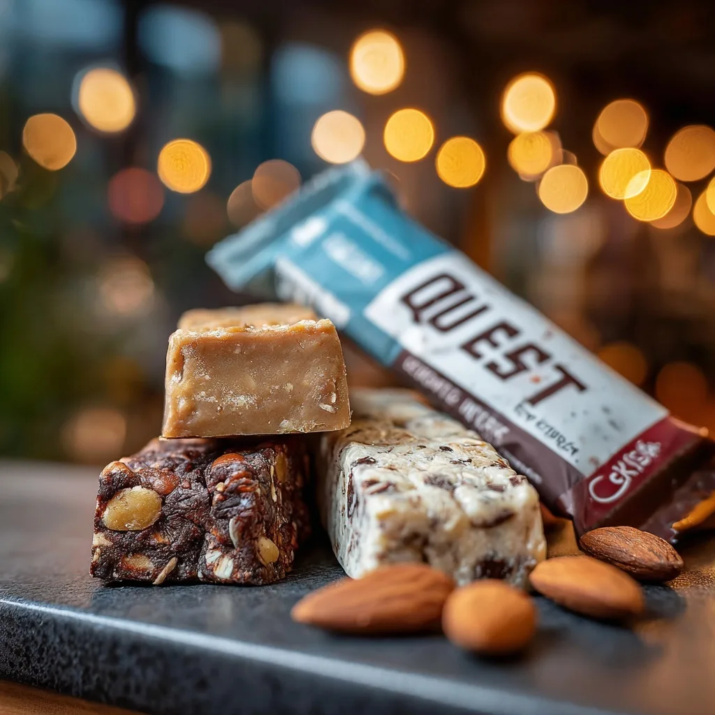 25 High Protein Snacks for Muscle Gain to Maximize Recovery & Results 4 Assorted protein bars with almonds on a table