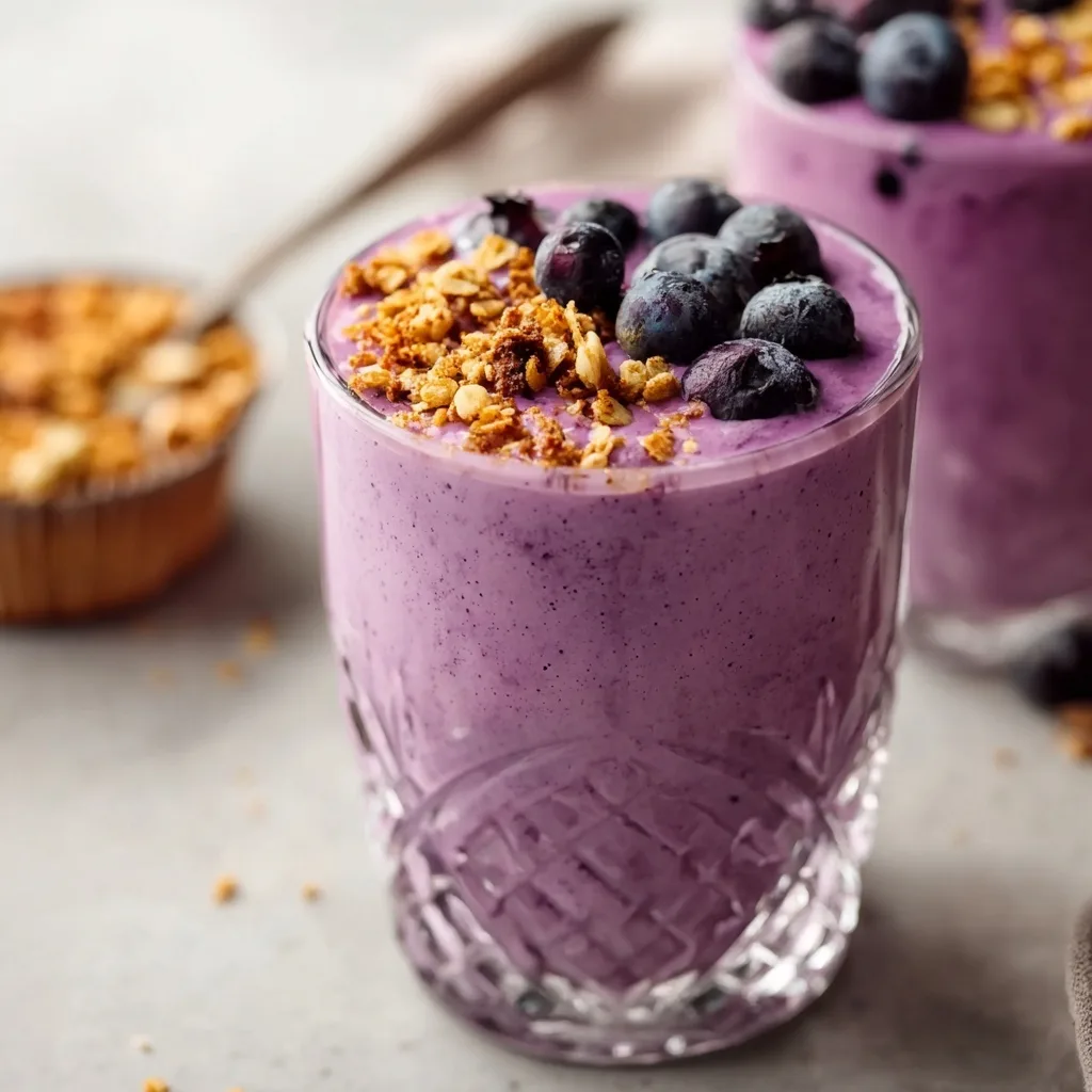 Blueberry Muffin Smoothie • Thick, Healthy & Muffin-like 8 Blueberry muffin smoothies topped with granola and blueberries in decorative glasses