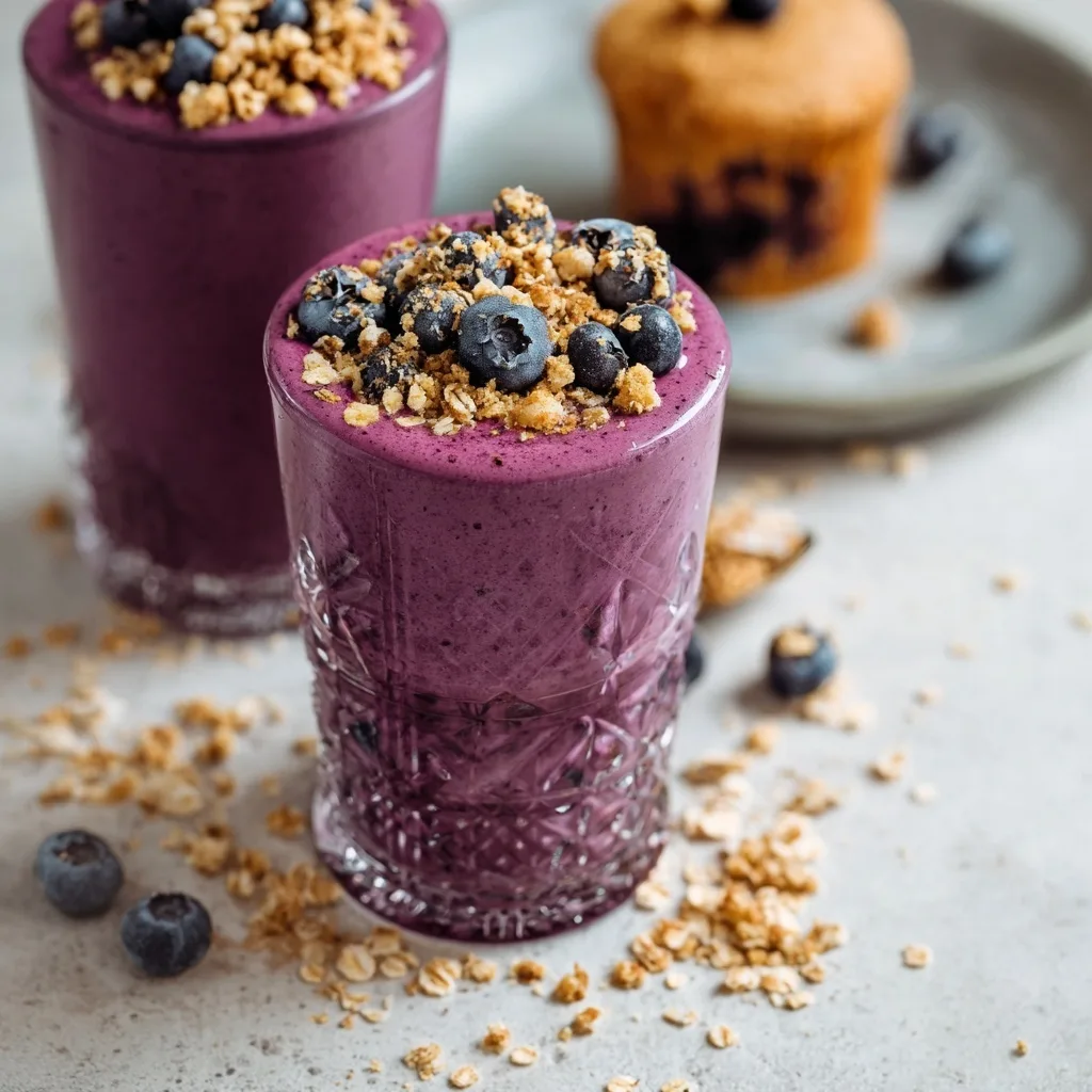 Blueberry Muffin Smoothie • Thick, Healthy & Muffin-like 6 Blueberry muffin smoothie in decorative glass topped with granola and blueberries