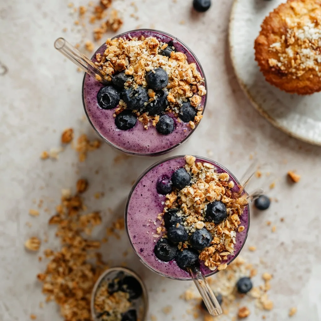 Blueberry Muffin Smoothie • Thick, Healthy & Muffin-like 9 Two blueberry muffin smoothies topped with granola and blueberries, served with glass straws
