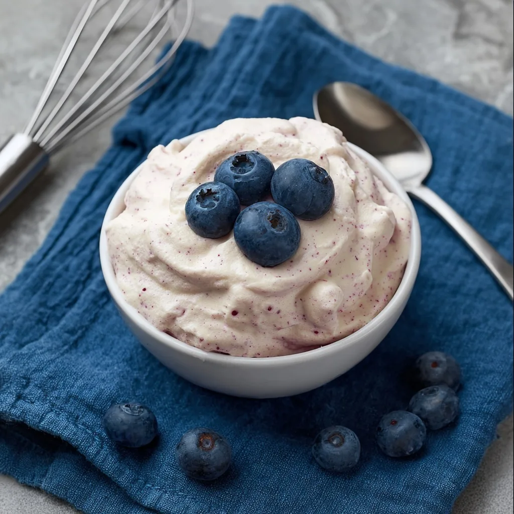 Protein Fluff – What It Is, How to Make It & 3 Variations 7 Blueberry Protein Fluff in a white bowl topped with fresh blueberries