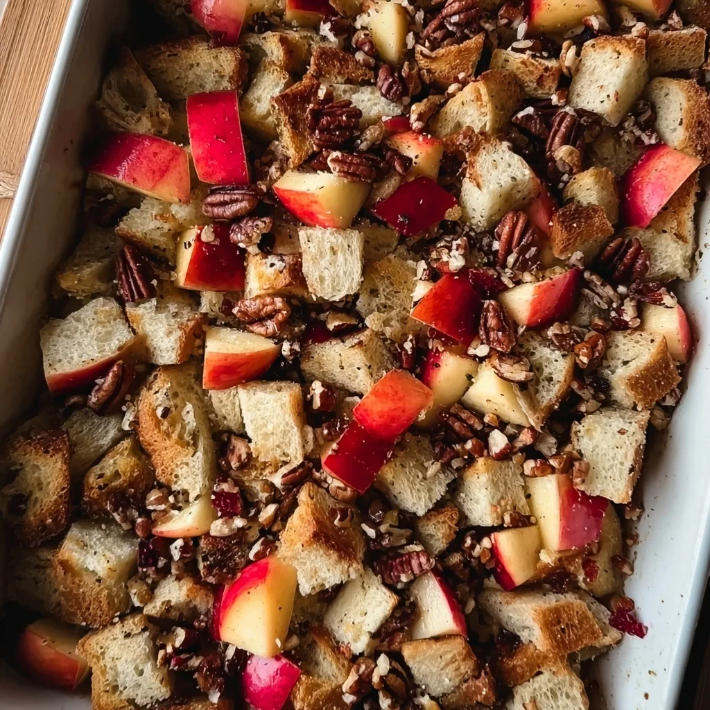 High Protein Apple Pie French Toast Bake – Cozy & Macro Friendly 10 Baking dish with bread cubes, apples, and pecans for protein french toast bake