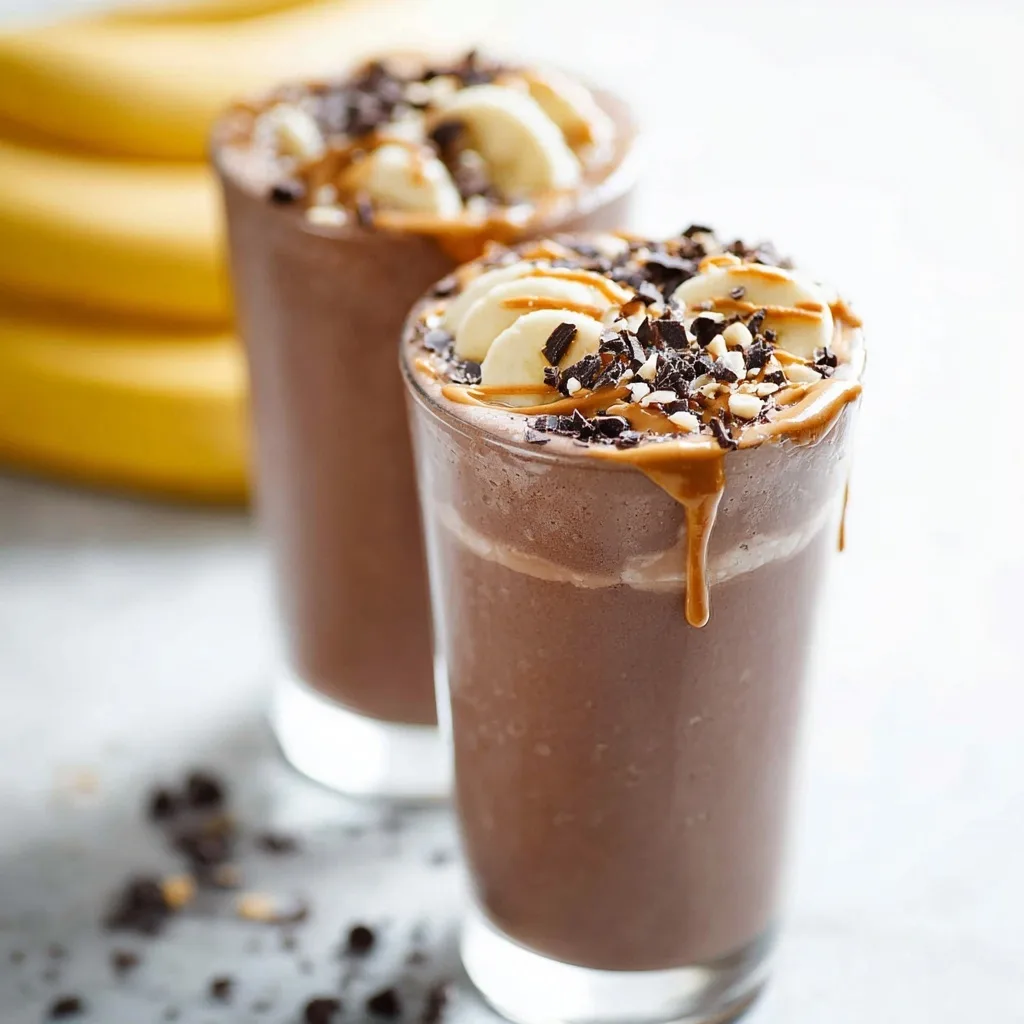 25 High Protein Snacks for Muscle Gain to Maximize Recovery & Results 17 Chocolate banana protein shake topped with peanut butter and banana slices
