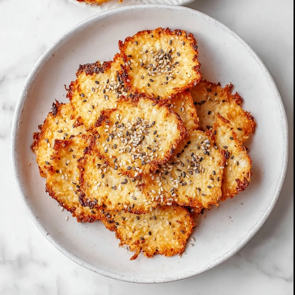 Cottage Cheese Flatbread Chips (High-Protein Snack) 8 Golden cottage cheese chips with sesame seeds on a white plate