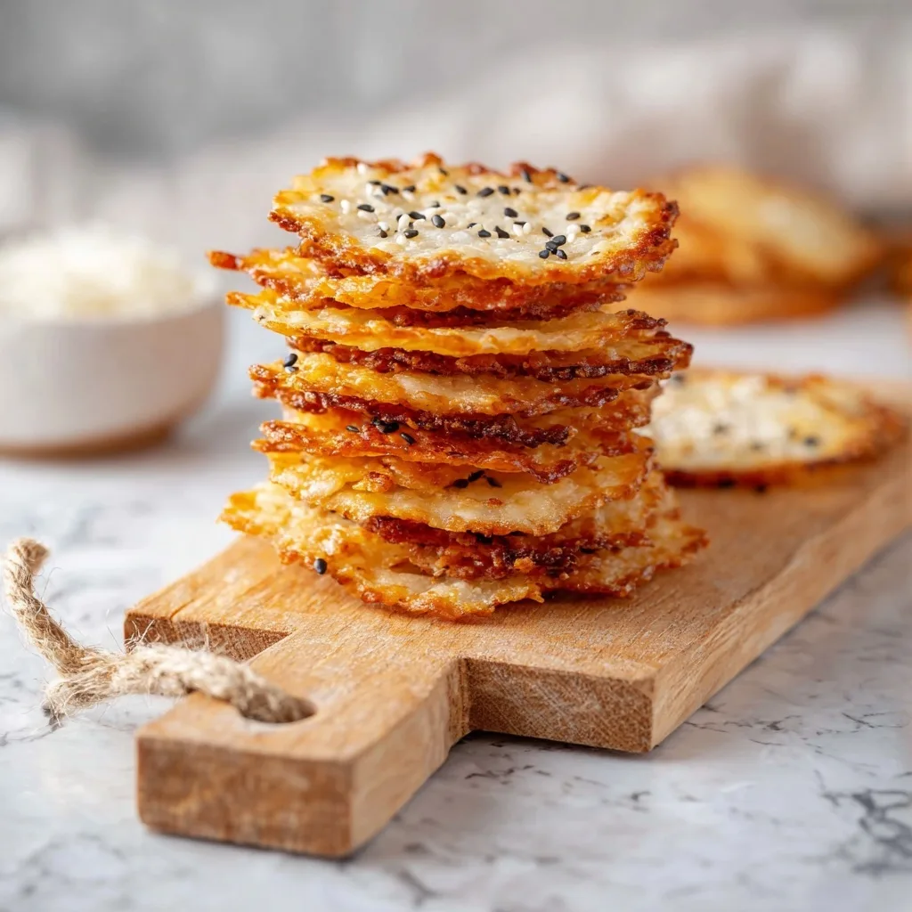 Cottage Cheese Flatbread Chips (High-Protein Snack) 6 Stack of golden cottage cheese chips with sesame seeds on wooden board