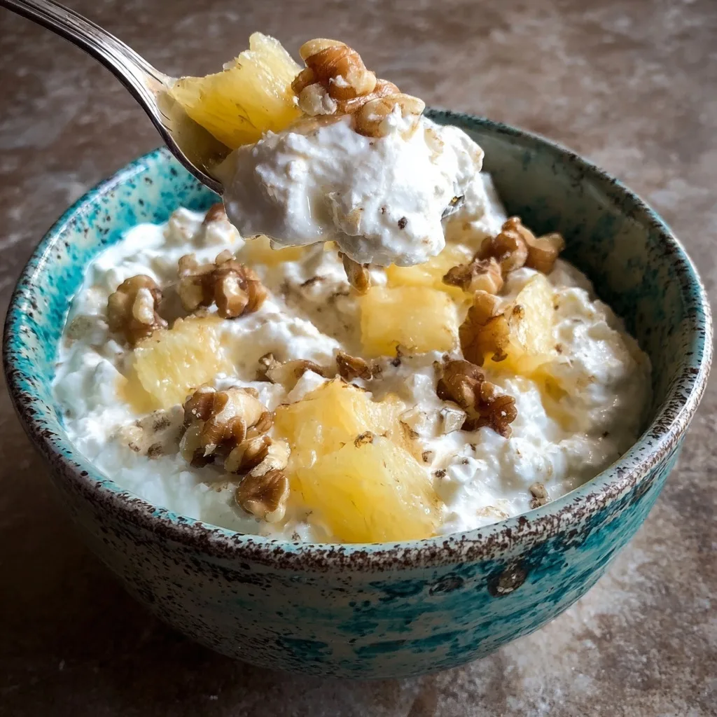 25 High Protein Snacks for Muscle Gain to Maximize Recovery & Results 6 Cottage cheese with pineapple chunks and walnuts in a bowl