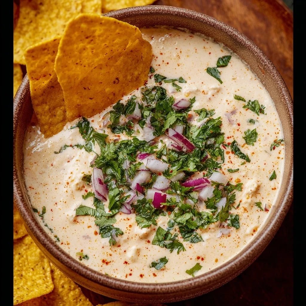 Cottage Cheese Queso – Creamy 3-Ingredient Recipe 5 Cottage cheese queso topped with cheddar, tomato, onion, and cilantro in a rustic bowl