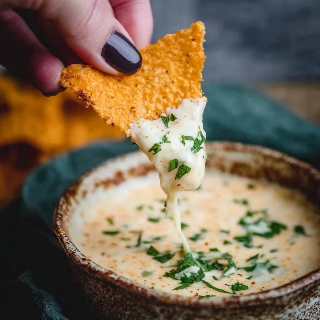 Cottage Cheese Queso – Creamy 3-Ingredient Recipe 7 Corn chip dipped into creamy cottage cheese queso with herbs