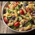 Creamy high protein pasta salad with rotini, tomatoes, cucumbers, and broccoli in a white bowl.