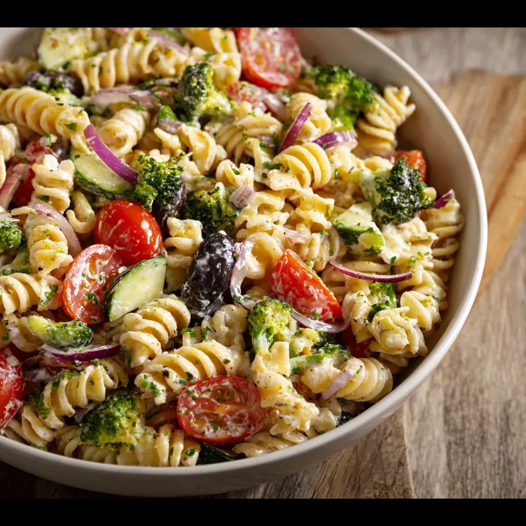 High Protein Pasta Salad – 40 g Protein (Vegetarian Option) 7 Creamy high protein pasta salad with rotini, cherry tomatoes, cucumbers, and broccoli.