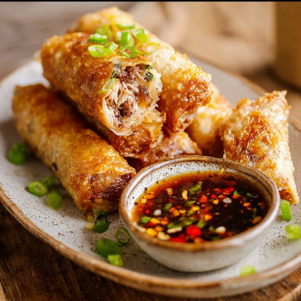 Air Fryer Rice Paper Noodle Rolls: Crispy, Quick & Versatile 8 Crispy rice paper rolls with meat filling and soy chili dipping sauce