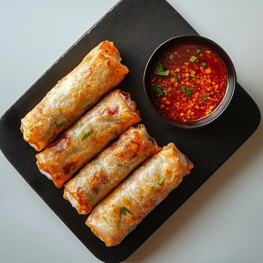 Air Fryer Rice Paper Noodle Rolls: Crispy, Quick & Versatile 5 Crispy air fryer rice paper rolls with chili dipping sauce on a black plate