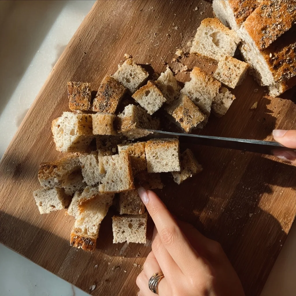 High Protein Apple Pie French Toast Bake – Cozy & Macro Friendly 12 Cubing high protein bread on cutting board for french toast bake