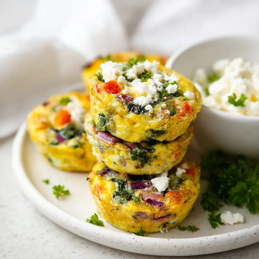 25 High Protein Snacks for Muscle Gain to Maximize Recovery & Results 21 Egg muffins with spinach, peppers, and feta on a plate