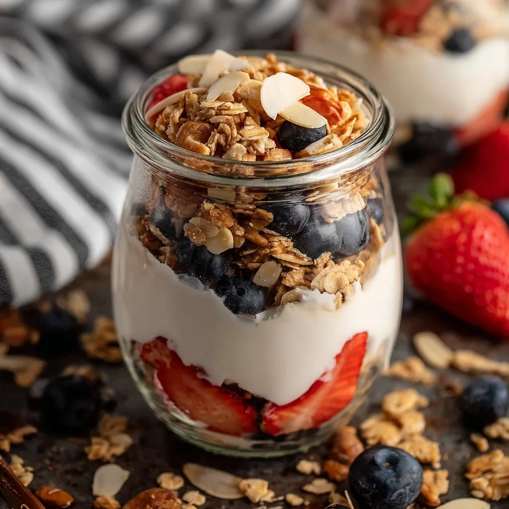 25 High Protein Snacks for Muscle Gain to Maximize Recovery & Results 7 Greek yogurt parfait with granola, strawberries, and blueberries in a glass jar