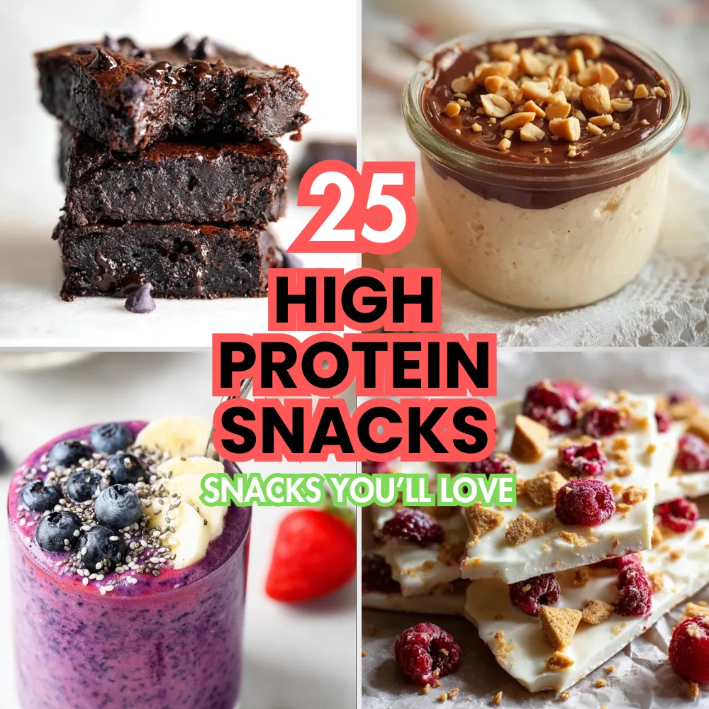 25 High Protein Snacks for Muscle Gain to Maximize Recovery & Results 1 25 High Protein Snacks Assortment of high protein snacks including brownies, yogurt, smoothies, and frozen bark