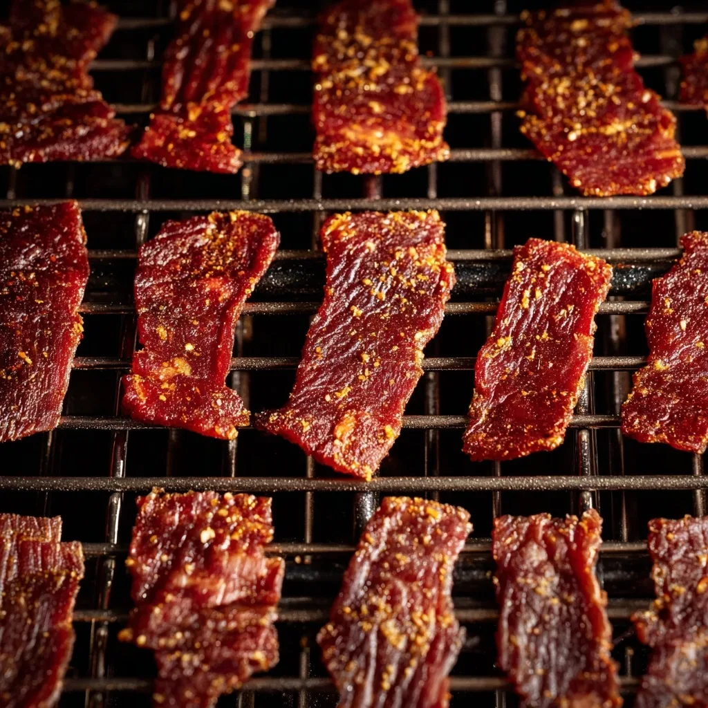 25 High Protein Snacks for Muscle Gain to Maximize Recovery & Results 11 Homemade beef jerky slices drying on a rack with seasoning