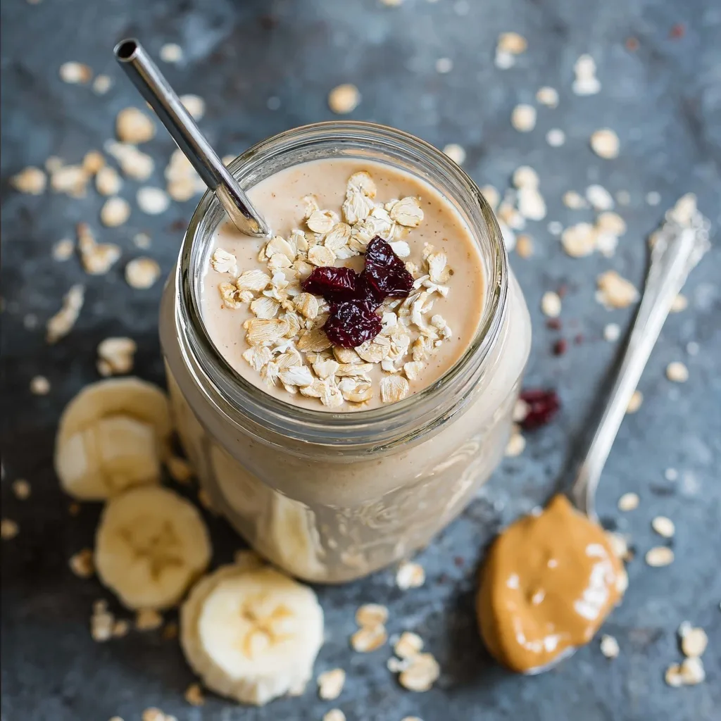 25 High Protein Snacks for Muscle Gain to Maximize Recovery & Results 19 Peanut butter oat protein shake with banana and cranberries