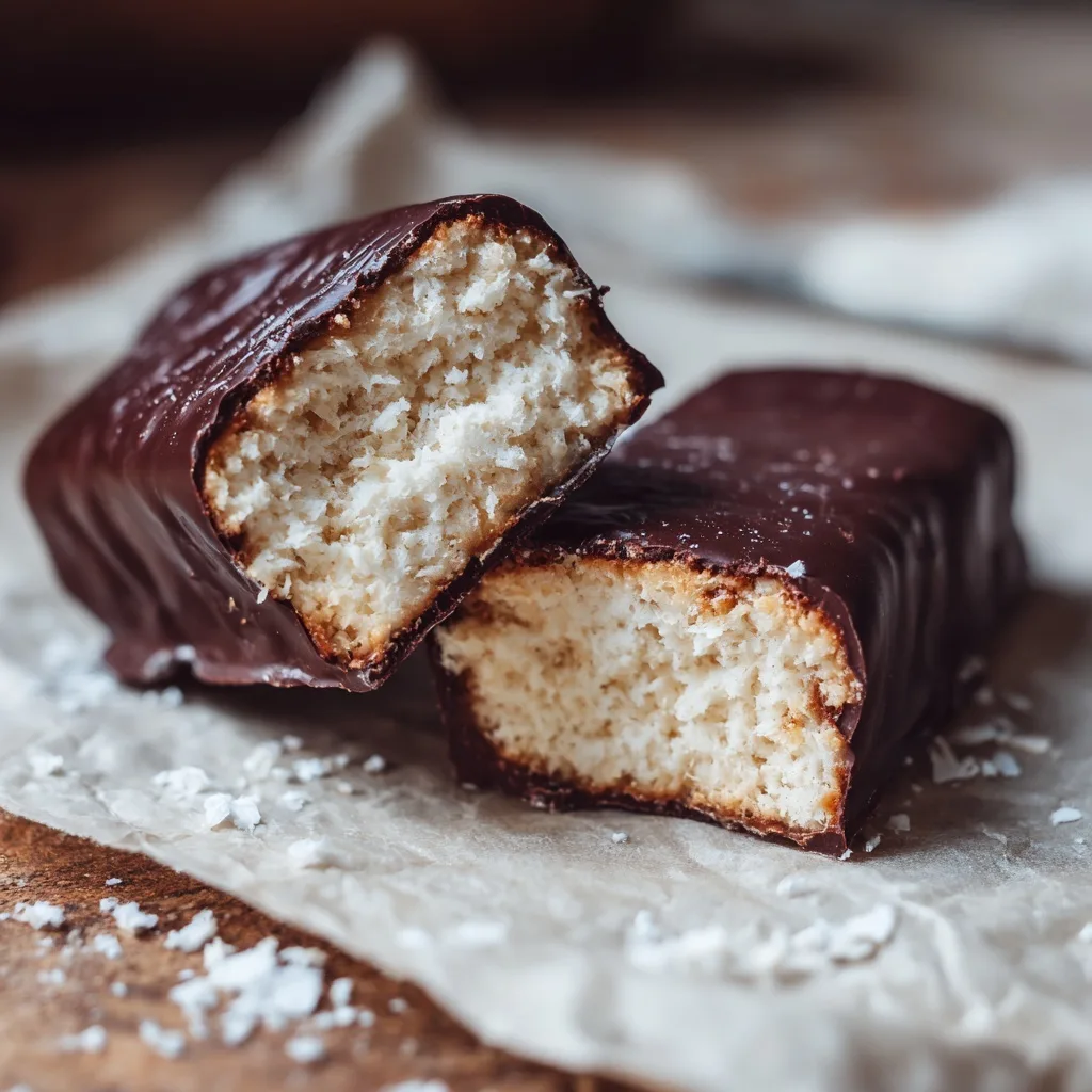 Protein Fluff – What It Is, How to Make It & 3 Variations 12 Protein Fluff Bars coated in dark chocolate with coconut filling