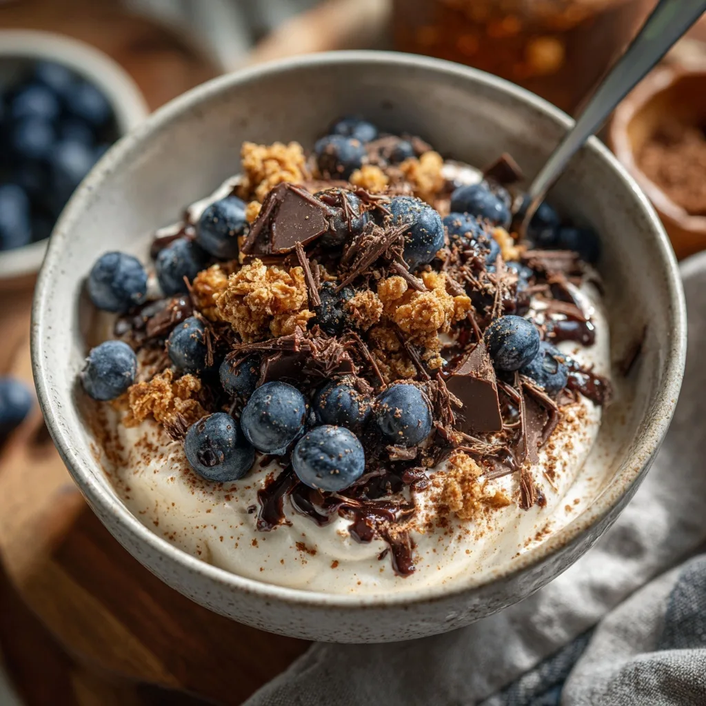 Protein Fluff – What It Is, How to Make It & 3 Variations 8 Protein Fluff topped with blueberries, granola, and chocolate shavings