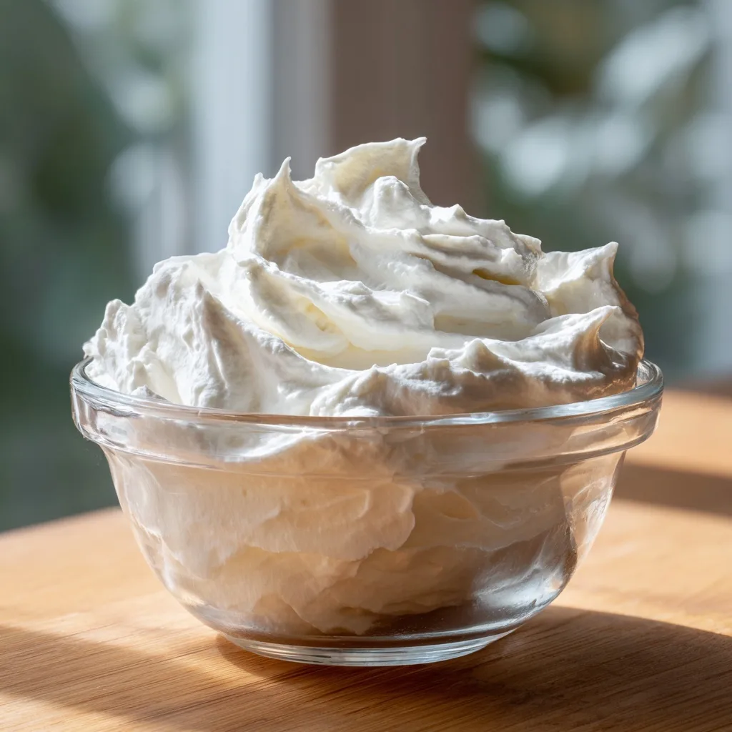 Protein Marshmallow Fluff Recipe – Fluffy, Sweet & Guilt-Free 3 Protein marshmallow fluff with soft peaks in glass bowl on wooden table