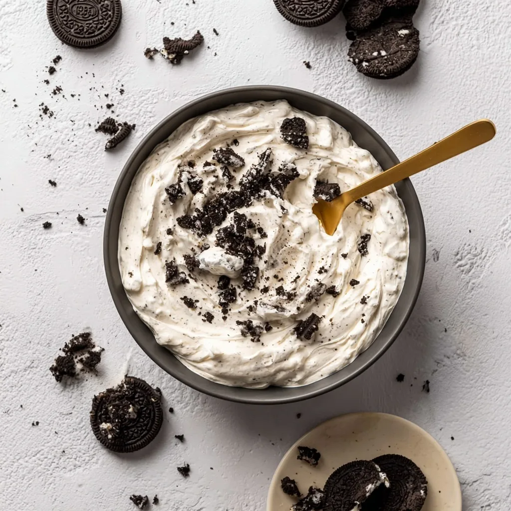 Protein Oreo Fluff: The High-Protein Dessert You Didn’t Know You Needed 8 Bowl of protein Oreo fluff topped with crushed cookies and spoon