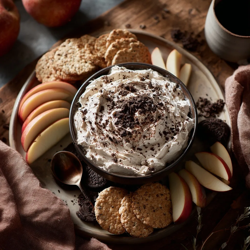 Protein Oreo Fluff: The High-Protein Dessert You Didn’t Know You Needed 9 Protein Oreo fluff dip with apples and cookies on rustic tray