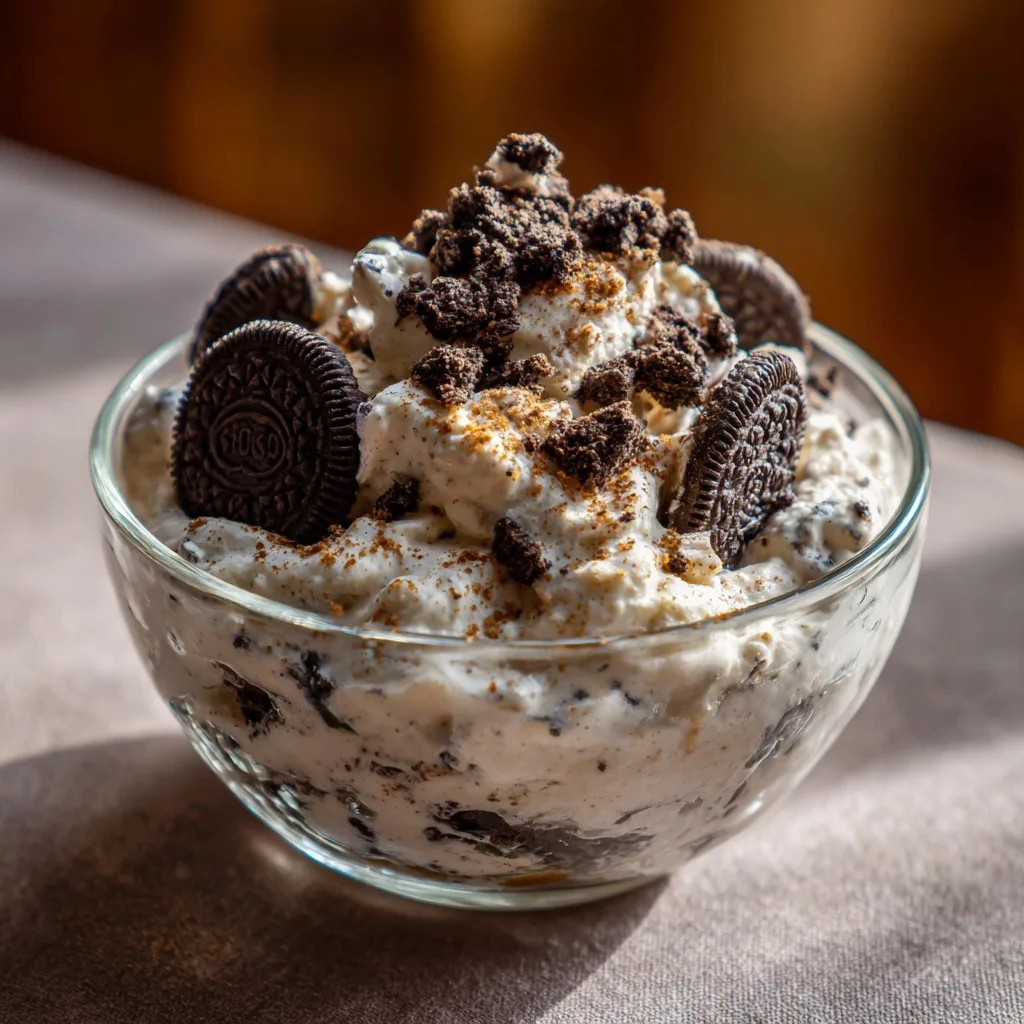 Protein Oreo Fluff: The High-Protein Dessert You Didn’t Know You Needed 10 Glass bowl of protein Oreo fluff topped with crushed and whole cookies