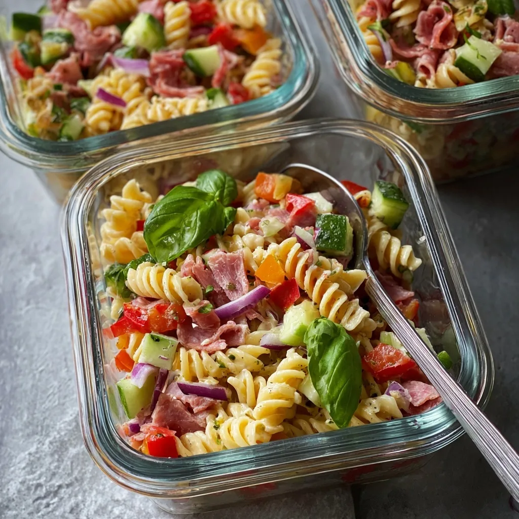 High Protein Pasta Salad – 40 g Protein (Vegetarian Option) 8 High protein pasta salad with rotini, deli meats, cucumbers, and peppers in glass containers.