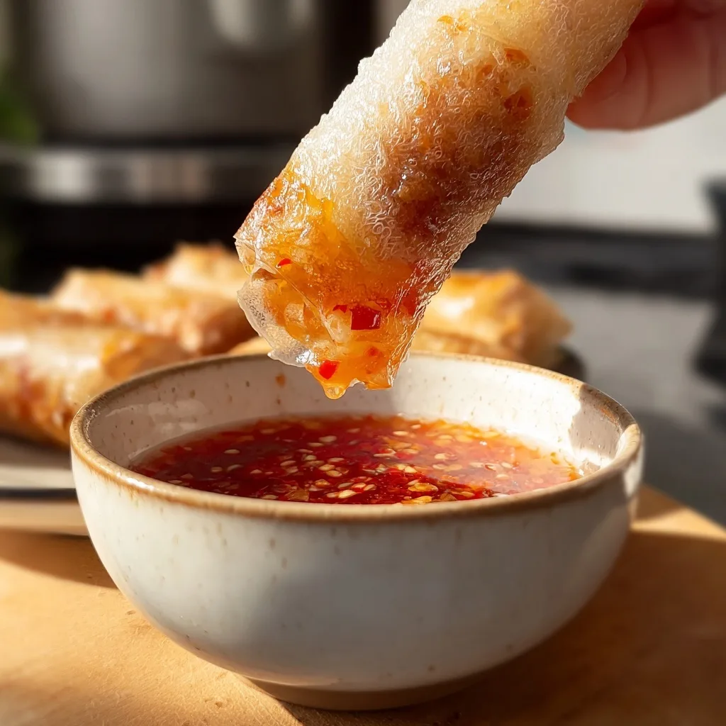 Air Fryer Rice Paper Noodle Rolls: Crispy, Quick & Versatile 7 Air fryer rice paper roll dipped in chili garlic sauce