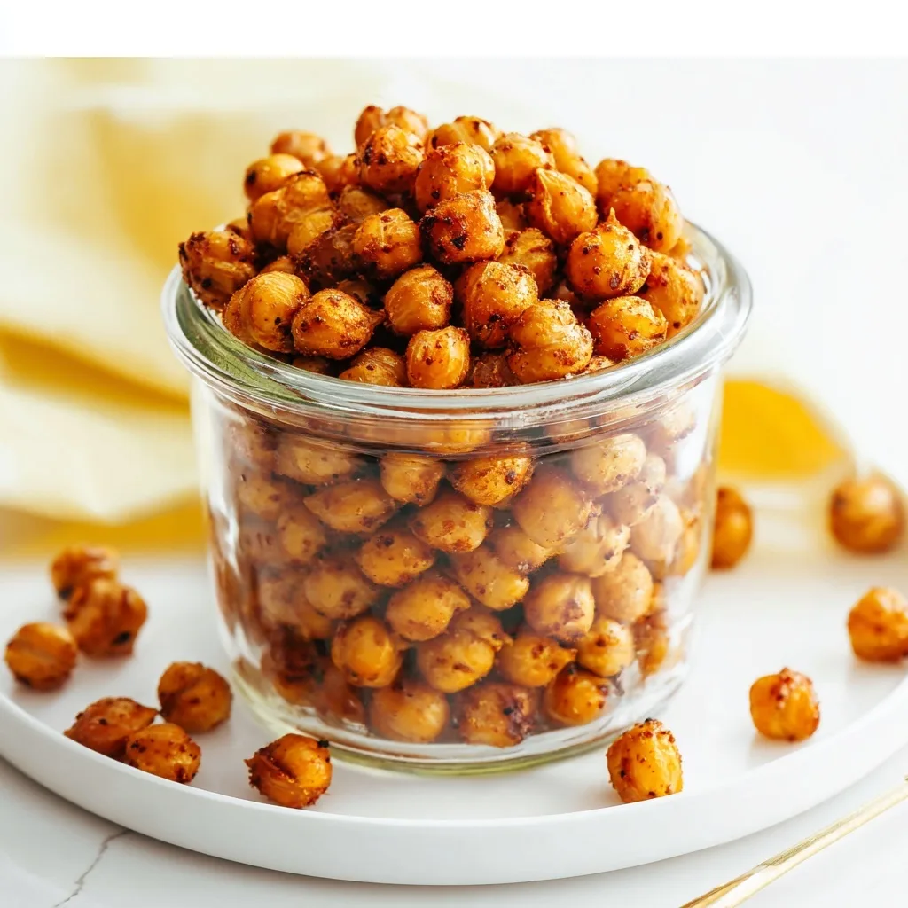25 High Protein Snacks for Muscle Gain to Maximize Recovery & Results 9 Crispy roasted chickpeas seasoned with spices in a glass jar