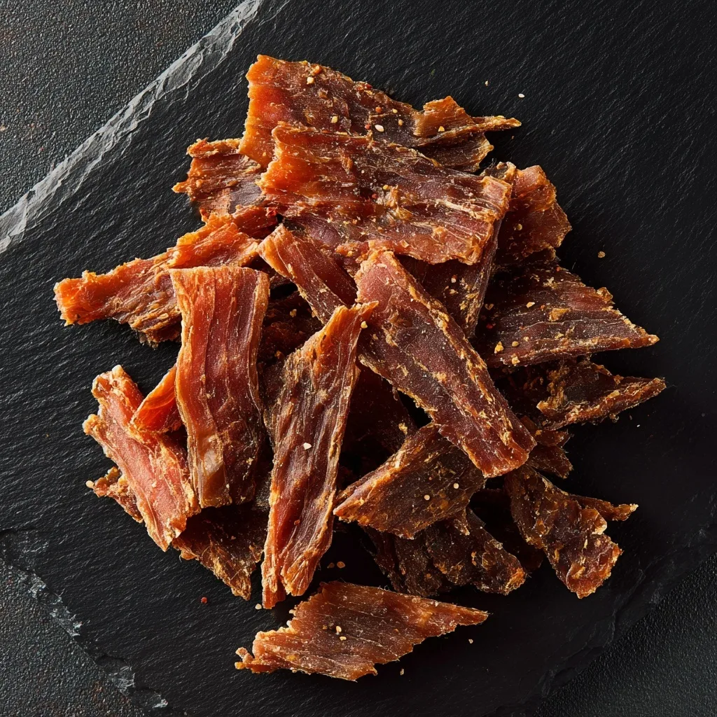 25 High Protein Snacks for Muscle Gain to Maximize Recovery & Results 12 Pile of seasoned beef jerky strips on a black slate board