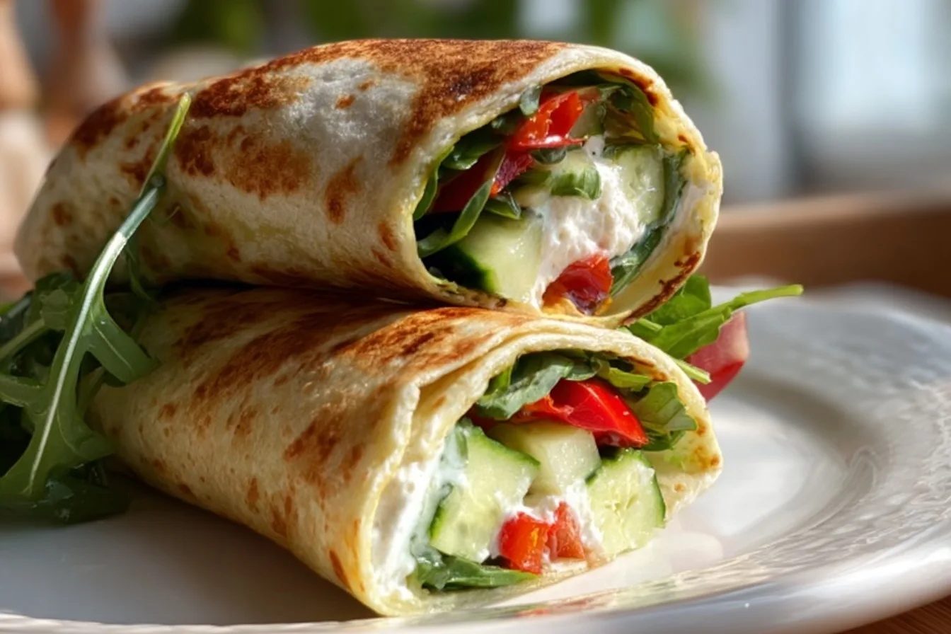2-Ingredient Cottage Cheese Wraps (High-Protein, No Egg!) 6 High-protein cottage cheese wraps filled with fresh vegetables on a white plate
