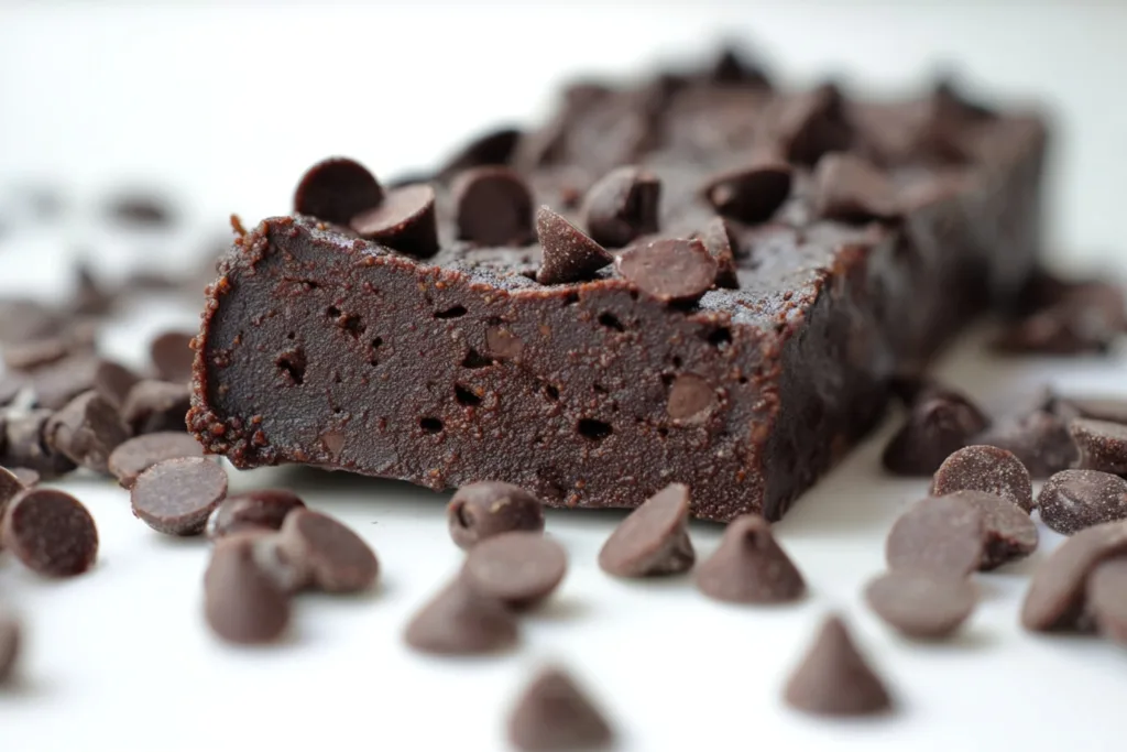 2-Ingredient Black Bean Protein Bars (No Bake, High Protein Snack) 6 rich chocolate black bean protein bars with chocolate chips on white surface