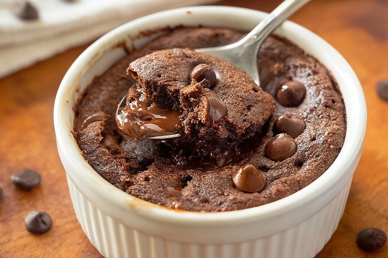 chocolate protein mug cake with spoon lifting a bite