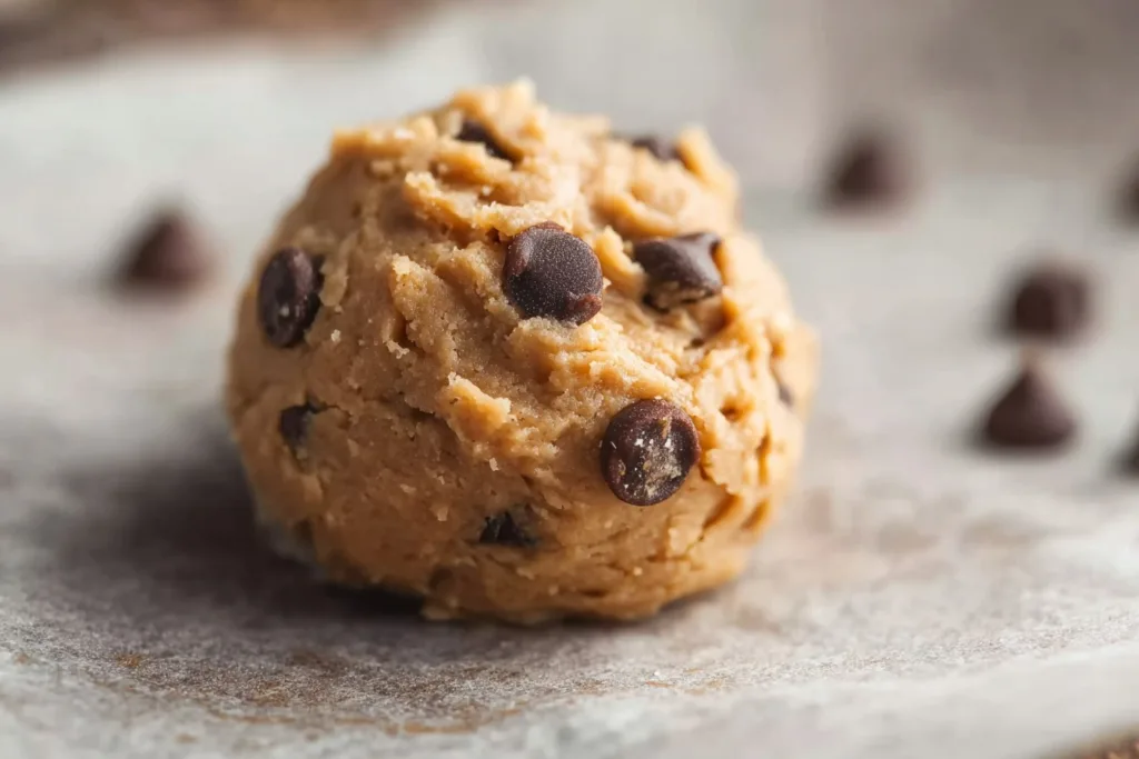 Flourless Garbanzo Bean Chocolate Chip Cookies (High-Protein & Guilt-Free!) 11 unbaked garbanzo bean chocolate chip cookie dough ball on parchment paper