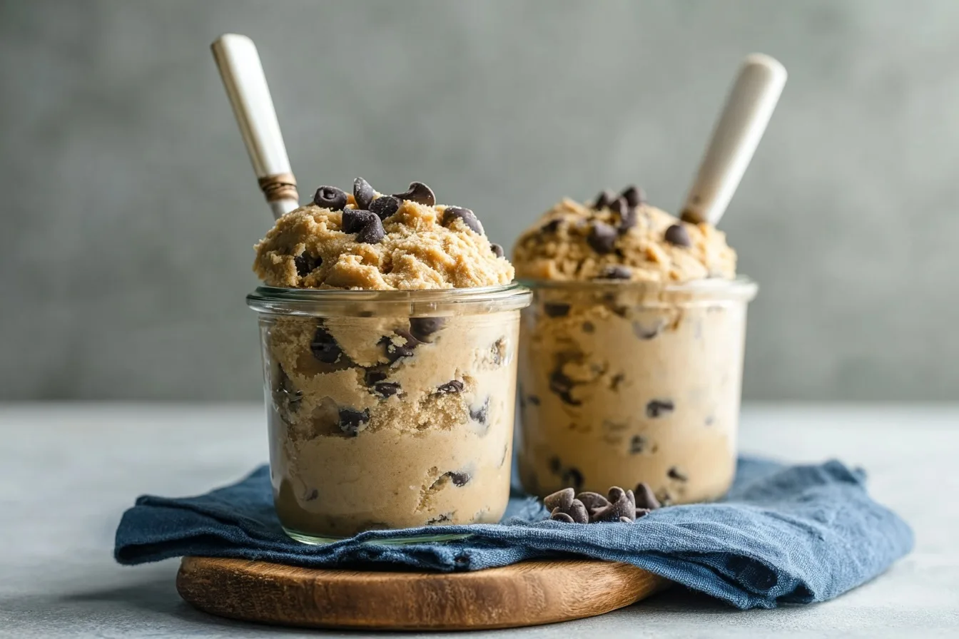 2-Ingredient Almond Chickpea Cookie Dough (High-Protein & No Bake) 5 two jars of almond chickpea cookie dough with chocolate chips