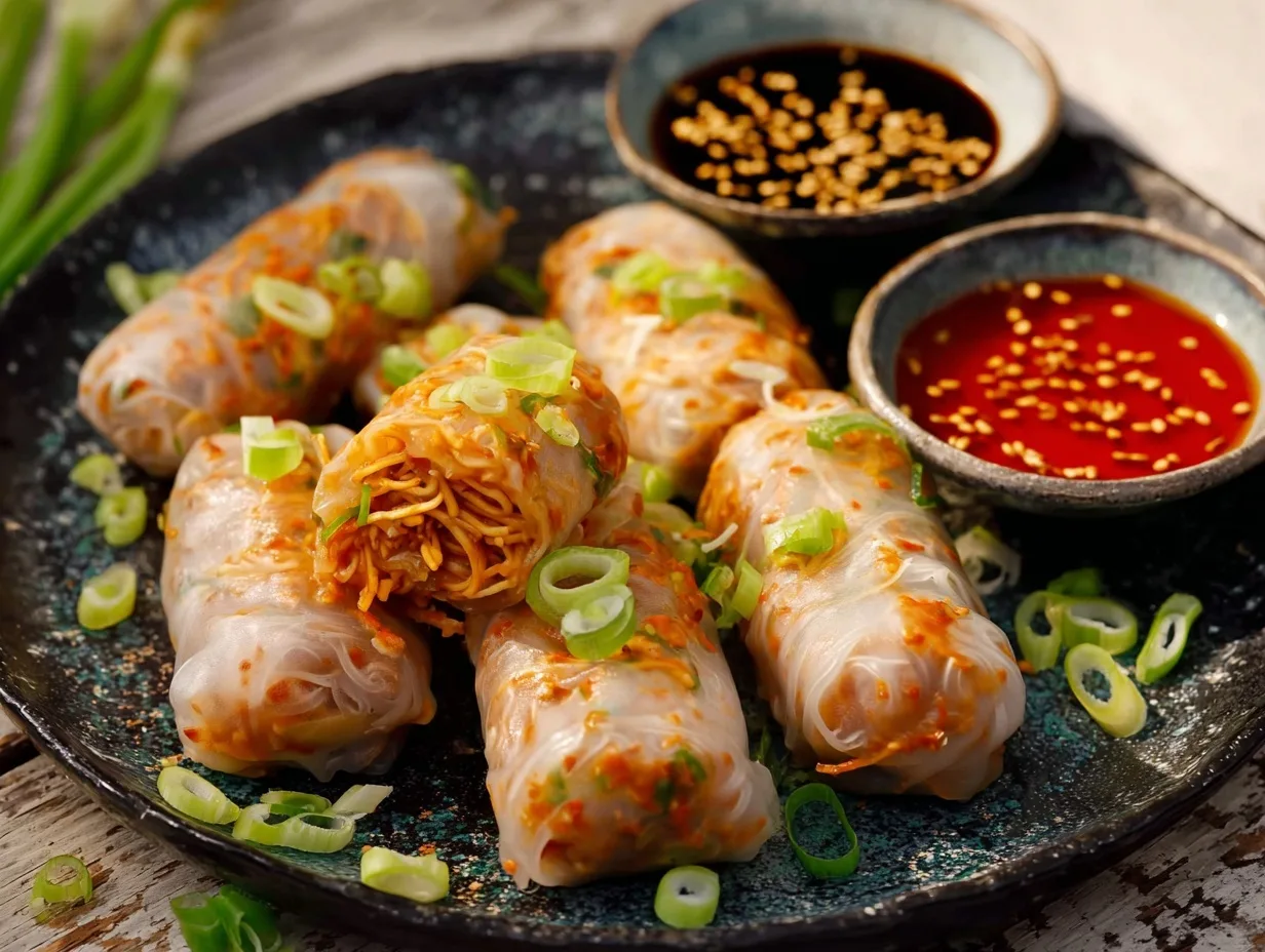 spicy noodle rice paper rolls with chili and soy dipping sauces