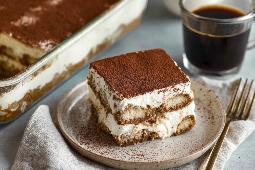 slice of high protein tiramisu with coffee on gray plate